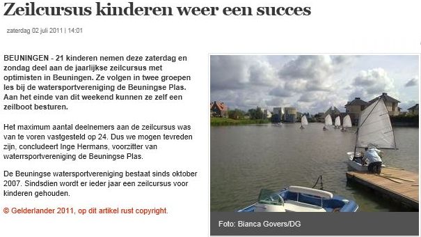 Krantenartikel over de zeilcursus van wsvdebeuningseplas in de Gelderlander